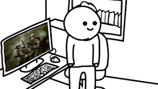 Black and White Person in Front of Computer