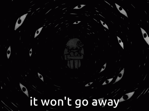 Black and White Person Surrounded by Eyes It Won't Go Away