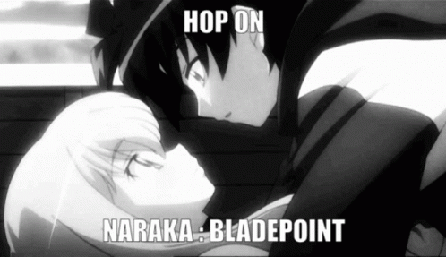 Black and White Photo of Boy and Girl Kissing With Caption Hop on Naraka Bladepoint