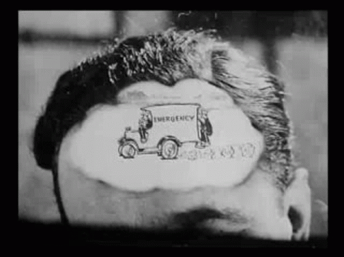 Black and White Photo of Man's Head With Emergency Vehicle Drawing