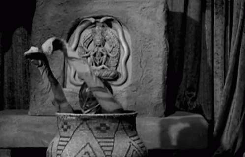 Black and White Photo of Snake Statue in Pot