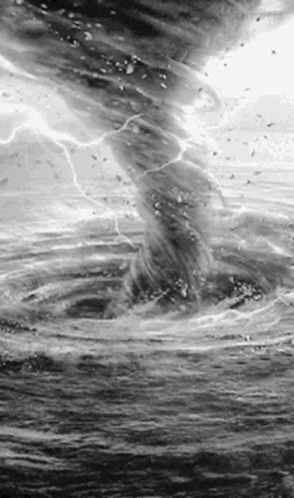 Black and White Photo of Tornado Over Ocean