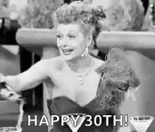 Black and White Photo of Woman in Dress Holding Martini Saying Happy 30th