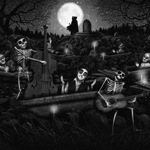 Black and White Skeletons Playing Instruments