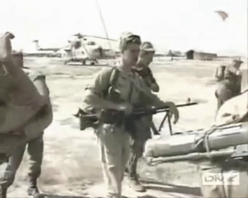 Black and White Soldiers Carrying Helicopter