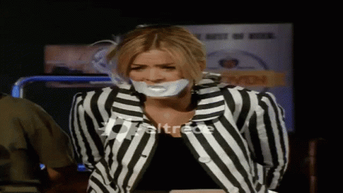 Black and White Striped Jacket Woman Taped Mouth