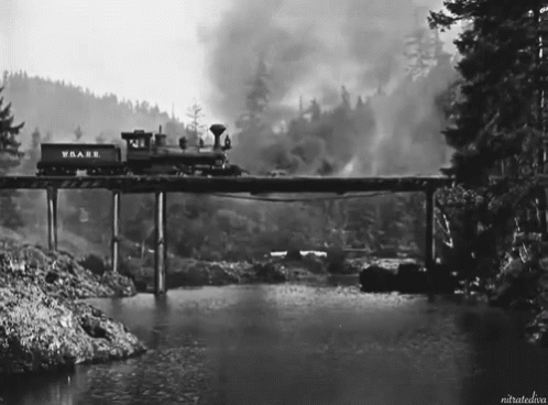 Black And White Train With Wrare On Bridge GIF