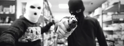 Black and White Two Masked Men Pointing Guns
