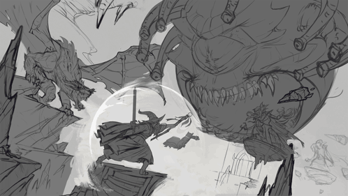 Black and White Witch Fighting Monster