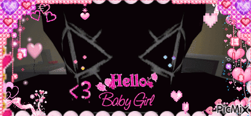 Black Background With Pink Hearts Saying Hello Baby Girl