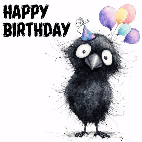 Black Bird In Party Hat Holding Balloons GIF