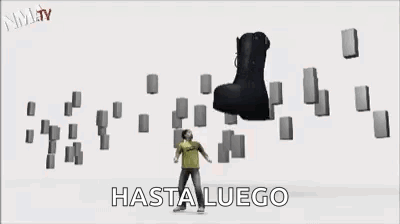 Black Boot With Hasta Luego Surrounded By Blocks GIF