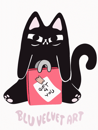 Black Cat Holding Pink Box Saying Gift 4 You GIF