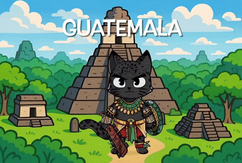 Black Cat in Front of Pyramid With Guatemala