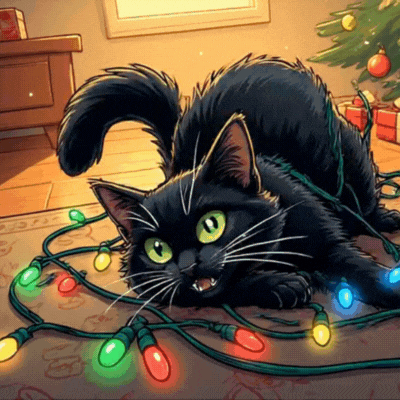 Black Cat Lying Among Christmas Lights