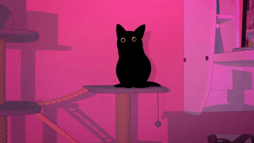 Black Cat on Cat Tree Saying Meow
