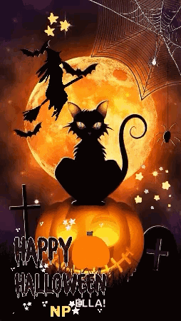 Black Cat Sitting on Pumpkin With Witch Flying Overhead