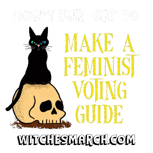 Black Cat Sitting on Skull With Feminist Voting Guide