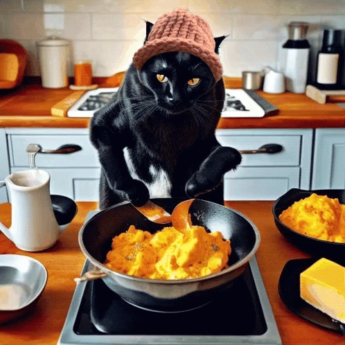 Black Cat Wearing Pink Hat Cooking Eggs GIF