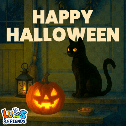 Black Cat With Pumpkin and Happy Halloween Sign