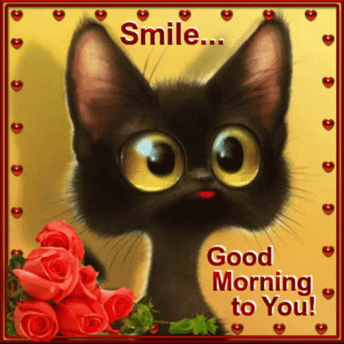 Black Cat With Red Roses Good Morning Greeting Card GIF