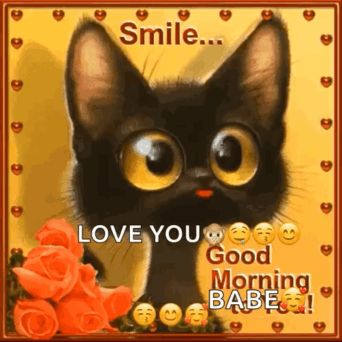 Black Cat With Roses and Smileys Saying Love You