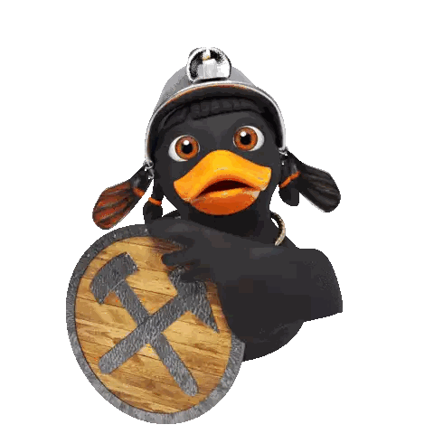 Black Duck With Helmet Holding Wooden Shield