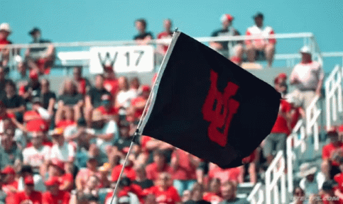 Black Flag With Red Lettering Flying In Front of Crowd With W17 Sign