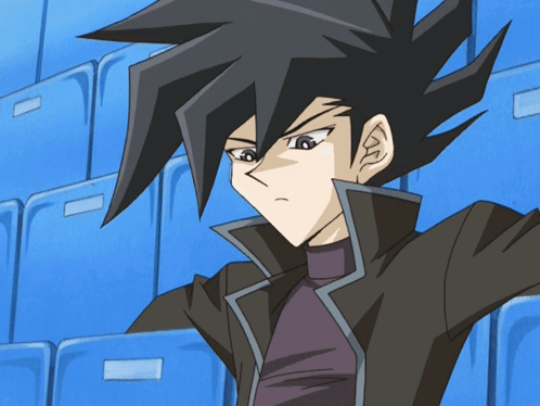 Black Haired Cartoon Character by Blue Chairs