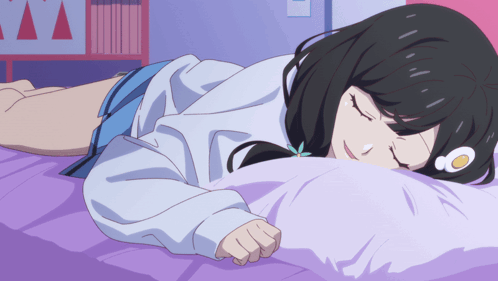 Black-Haired Girl Sleeping on Purple Pillow
