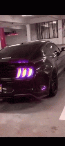 Black Mustang Parked in Garage With Purple Lights