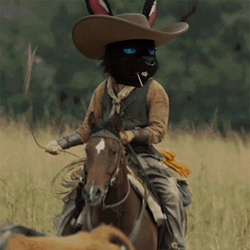 Black Rabbit in Cowboy Hat Rides Horse