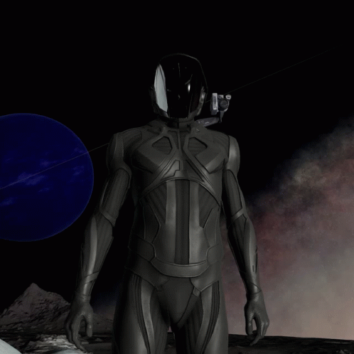 Black Suit Man with Helmet and Blue Planet