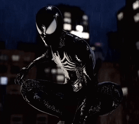 Black Suit Spiderman Kneeling in Rain
