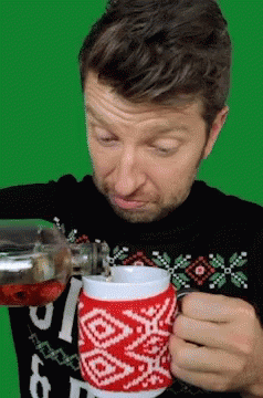 Black Sweater Man Pouring Drink Red White Mug