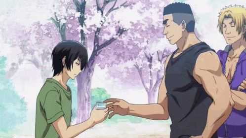 Black Tank Top Man Giving Paper to Green Shirt Man