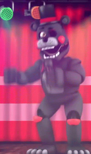 Black Teddy Bear Dancing In Front Of Red Curtain GIF