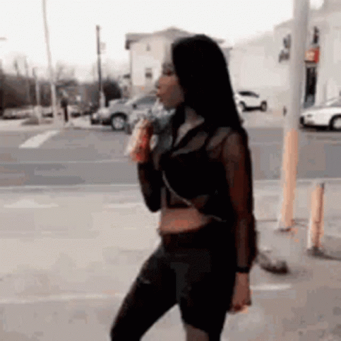 Black Woman Drinking Soda And Confident Walk Away GIF