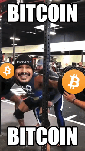 Blazzord Man Lifting Weights With Bitcoin Logos GIF