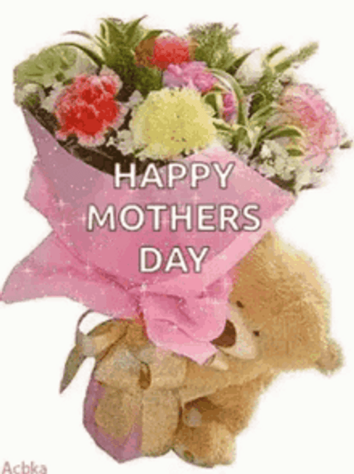 Blinking Bear Holding Bouquet Happy Mothers Day Niece GIF
