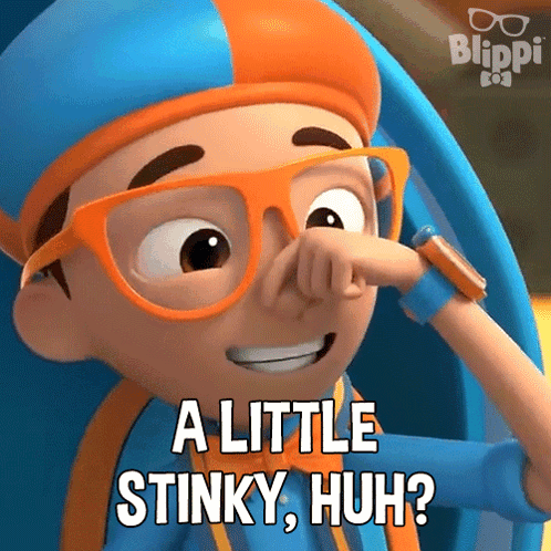Blippi Cartoon Holding Nose Saying A Little Stinky Huh