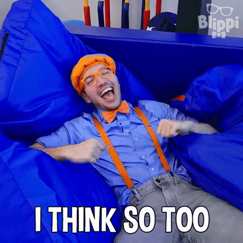 Blippi Is Laying On A Blue Bean Bag Chair Saying I Think So Too GIF