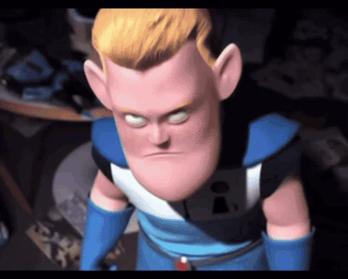 Blonde Cartoon Character in Blue Gloves Serious