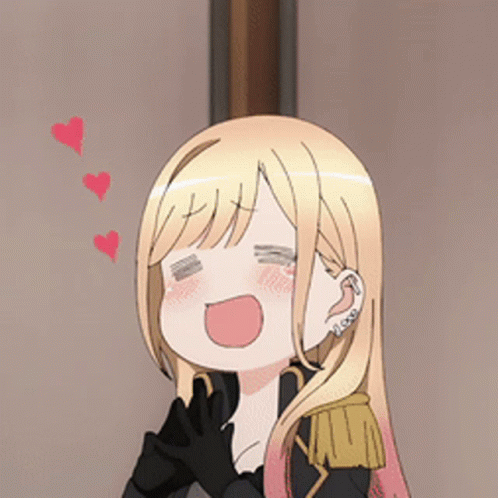 Blonde Cartoon Girl in Black Gloves Smiling With Hearts
