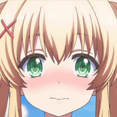 Blonde Girl Green Eyes Red Cross on Hair