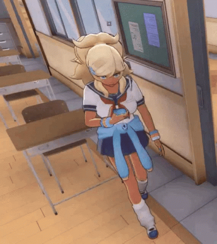 Blonde Girl Walking Down Classroom Hallway GIF