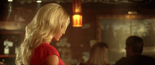 Blonde Woman In Red Shirt At Bar GIF