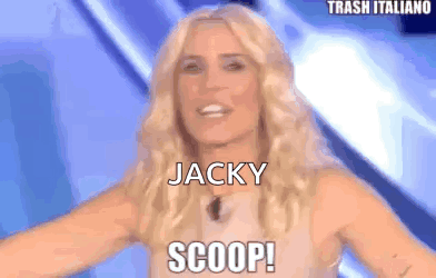 Blonde Woman Saying Jacky Scoop Blue Background