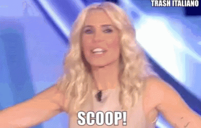 Blonde Woman Saying Scoop on Blue Background