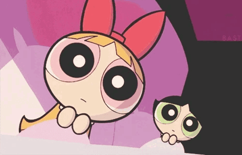 Blossom And Buttercup From The Powerpuff Girls Are Standing Next To Each Other On A Purple Background GIF
